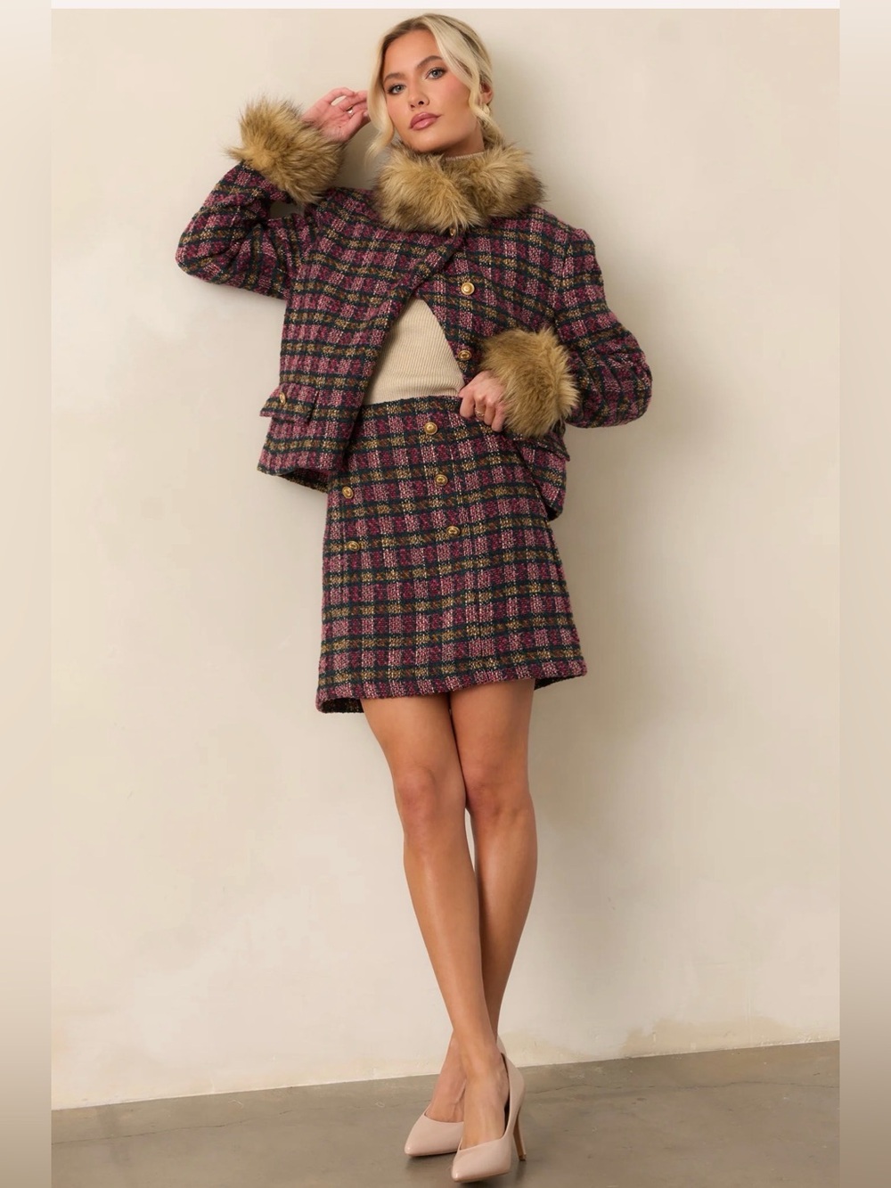 NWOT PROSPERINA BOUVIER PINK MULTI PLAID TWEED JACKET Size Large